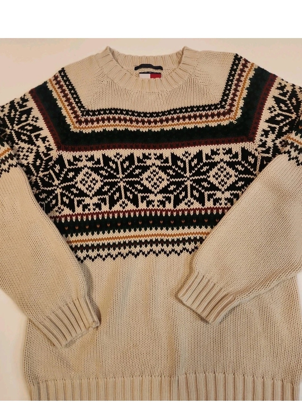 Vintage Tommy Hilfiger Sweater Mens M Ivory Cable Knit Cotton Crewneck Snowflake
